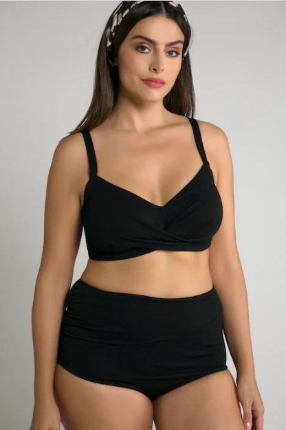 Bikini taglie forti con drappeggio colore nero con ferretto e slip a vita alta - Intimo modellante snellente contenitivo donna